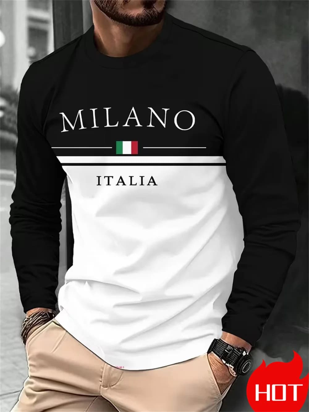 Italia Milano Letter Pattern Print Men T-Shirt Fashion Spring and Autumn Long Sleeve Casual Top Male O-Neck Loose Streetwear Tee