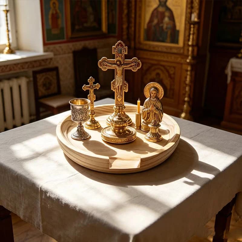 Luxury Orthodox Altar Decoration Set Jesus Christ Icon Gold Censer and Chalice Wood Tray for Divine Liturgy Religious Home Decor