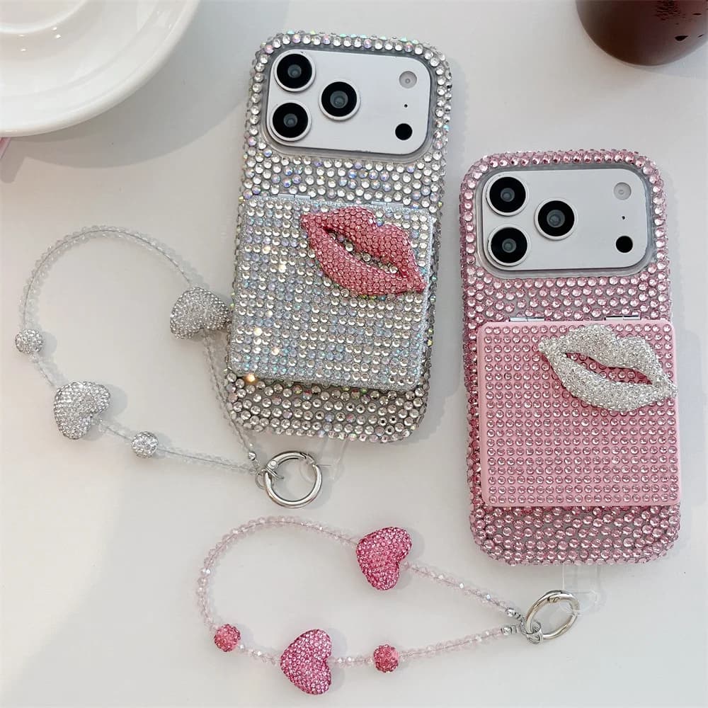 Luxury Diamond Lips With Stand Mirror Phone Case for iPhone 13 14 15 16 17 Pro Max 15 Pro 16 plus Cover With Chain Cute Cases