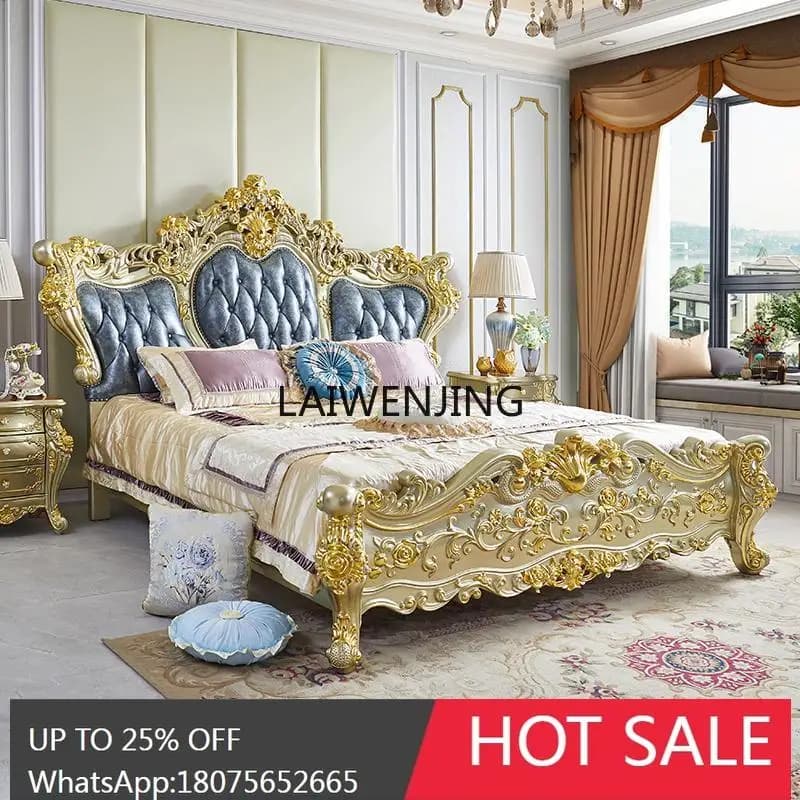 MJY villa full solid wood master bedroom oak carved double luxury leather bed