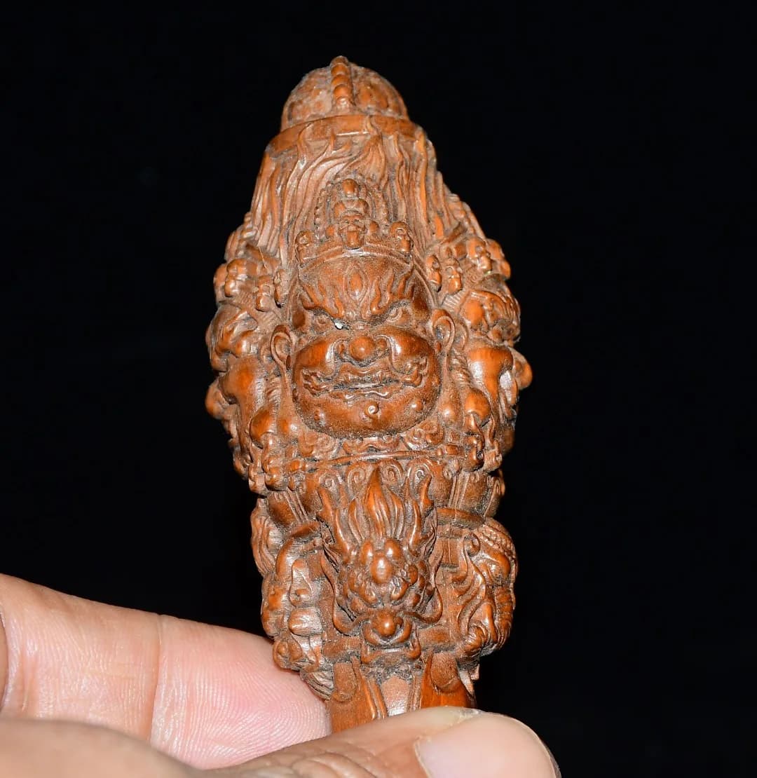 4"Old Boxwood Mahakala Buddha Head Dorje Vajra Phurpa Handheld components screen Study Amass wealth Ornaments