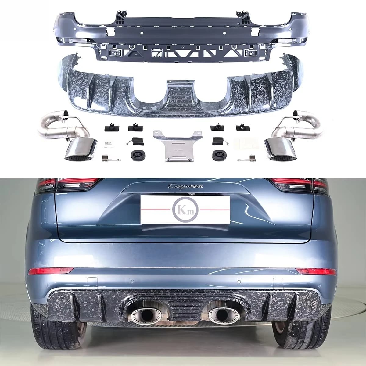 KM  Cayenne Coupe Base 9Y0 E3 9YA 2018-up Upgrade GT Style Dry Carbon Fiber Rear Diffuser Rear Bumper Exhaust Tip Forged Carbon