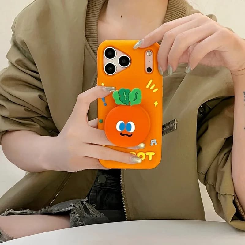 Lovely 3D Carrot Head Grip Top Holder Silicone Phone Case For iPhone 18 17 16 15 14 13 12 Pro Max 16e Shockproof Cute Back Cover