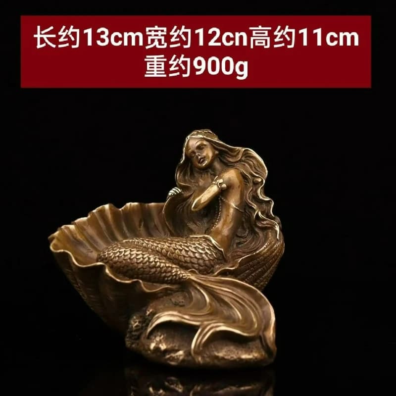 Vintage Bronze Sculpture European-style Shell Mermaid High-end Bronze Statue Living Room Desktop Home Furnishings Crafts