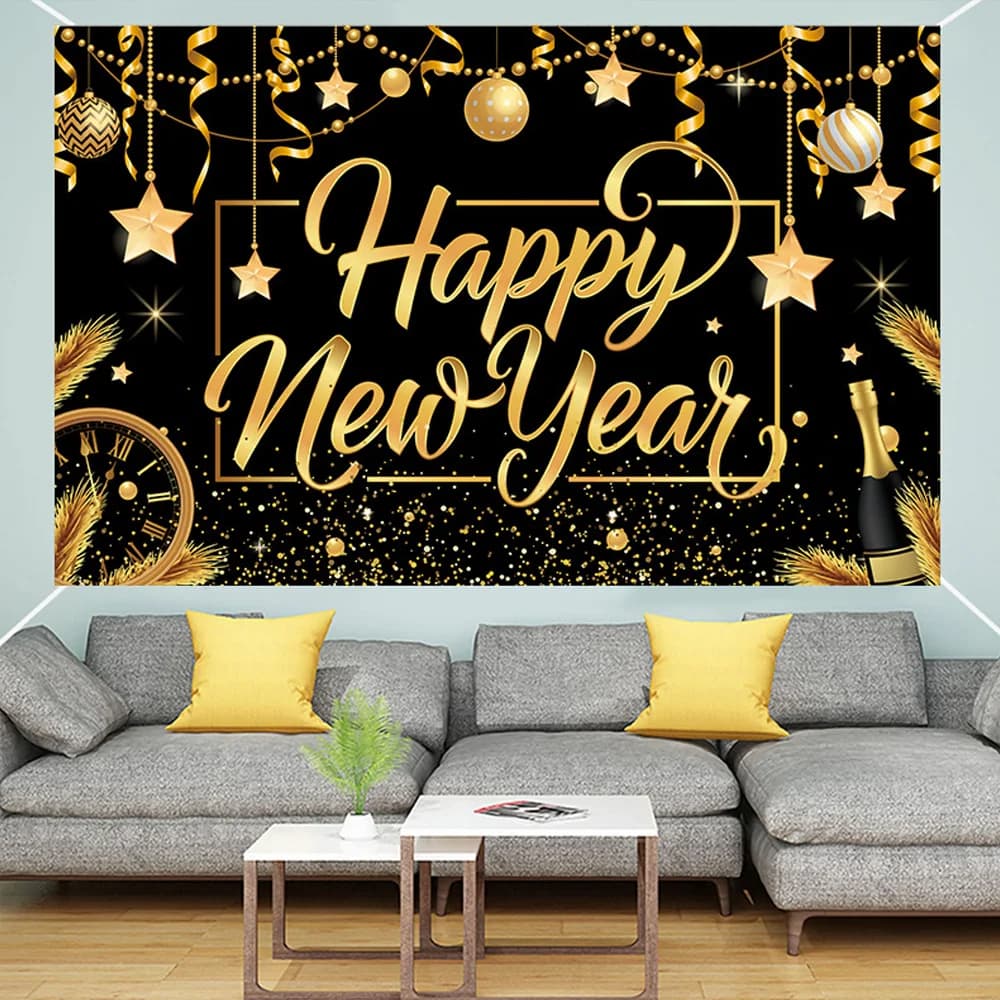72x44in 2026 Happy New Year Backdrops Black Gold Glitter Champagne Balloon Photography Background, Party Family Decoration Banne
