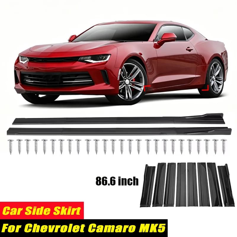 For Chevrolet Camaro MK5 Racing Style Side Skirts 86.6Inch 2.2M Rocker Panels Side Lip, ABS 8Pcs Glossy Black Car Body Kit