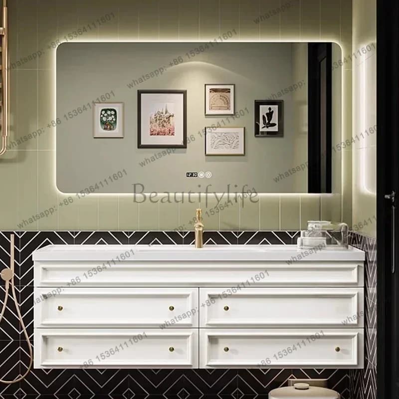 American Luxury Bathroom Cabinet Vanity Combo Solid Wood Rock Wash Basin Large Capacity Storage Vanity Combo