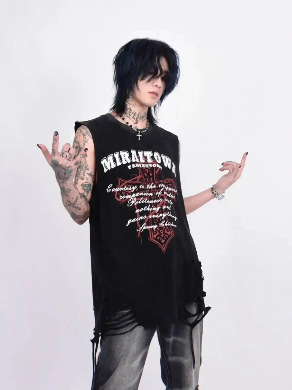 Unisex Gothick Punk Tank Top Women Men's Summer High-Street Tank Top Vintage Washed Distressed Design Printed Sleeveless T Shirt