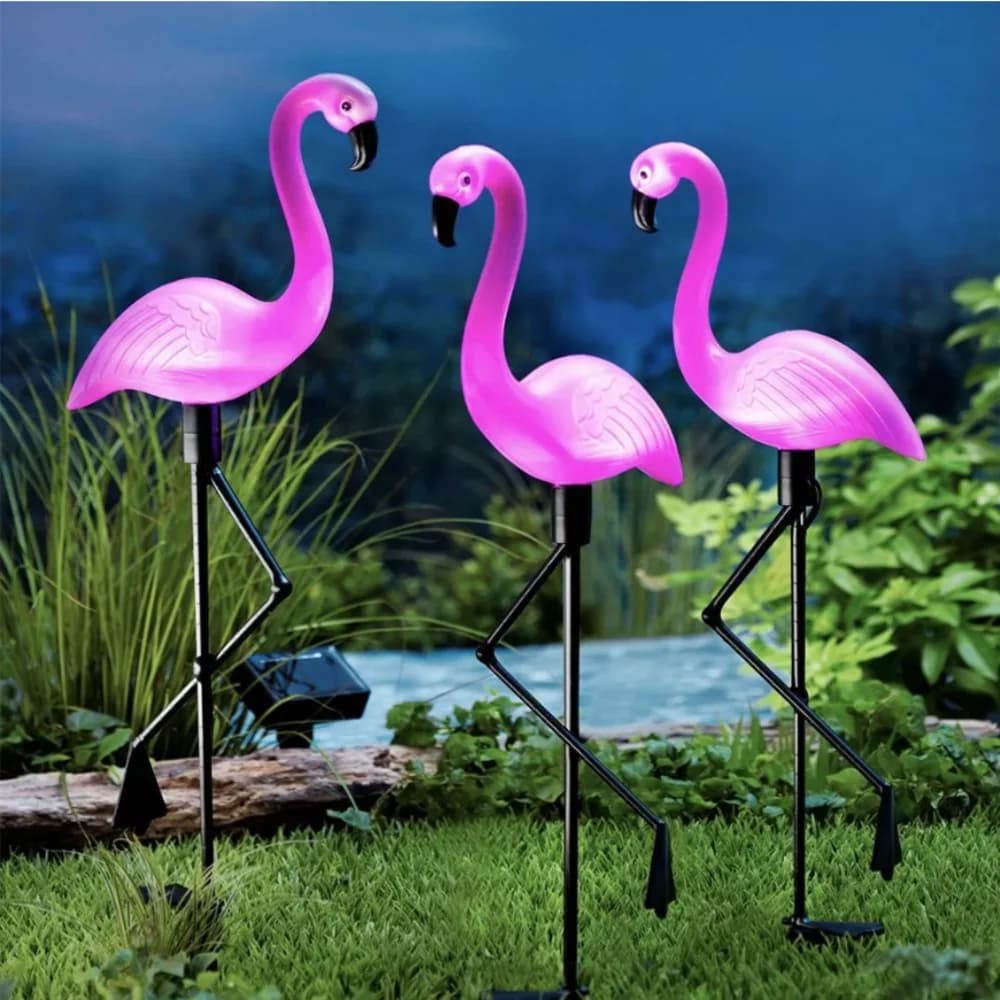 3Pcs Solar Powered Flamingo Ground Stake Lights Waterproof Outdoor Garden Pathway Decor Night Lamp for Yard Patio Lawn Walkway