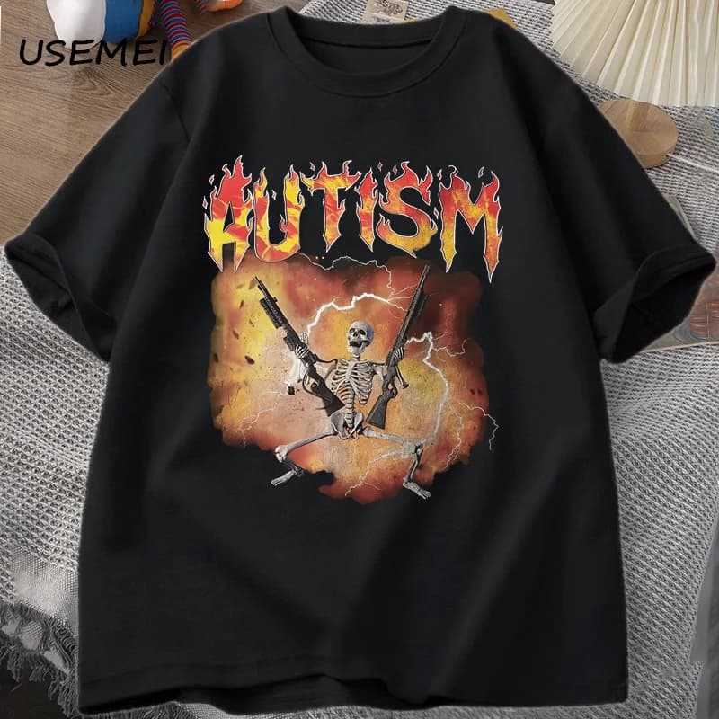 Autistic Skeleton T Shirt 2026 New Funny Autism Meme Cotton Blend Men Unisex Oversized Vintage Neurodivergent Streetwear Top