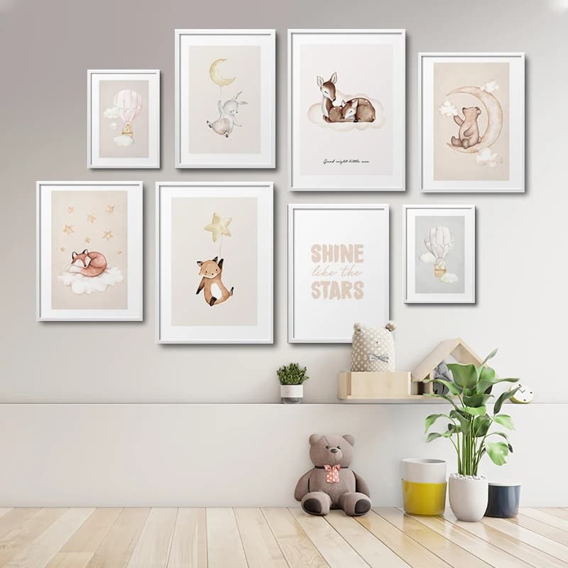 Bear Fox Bunny Hot Air Balloon Stars Wall Art Canvas Painting Print Poster Decorative Pictures Nursery Kids Room Baby Bedroom