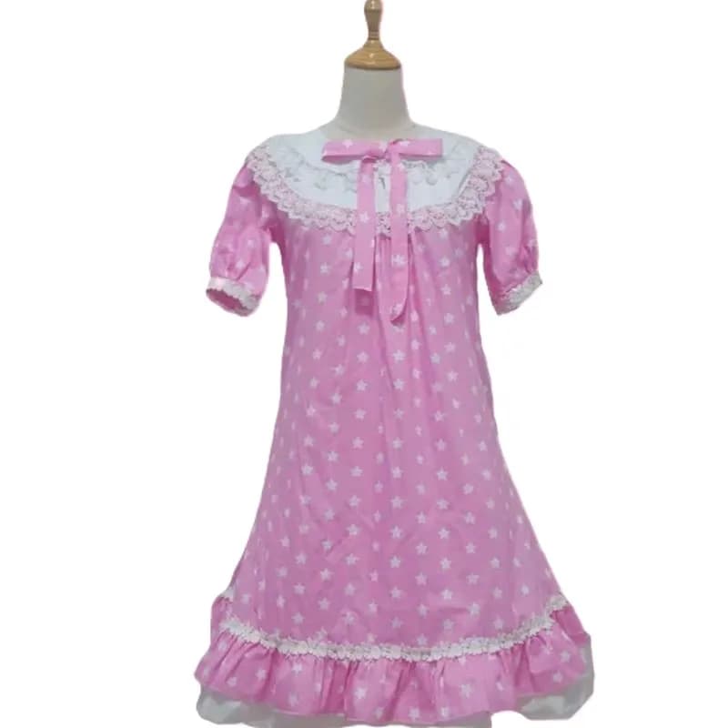 ABDL Cosplay Princess Lolita Dress Pink Printed Embroidered Lace Maid Outfit Cute Dress Short Sleeved Sweet Sissy Short Dress﻿