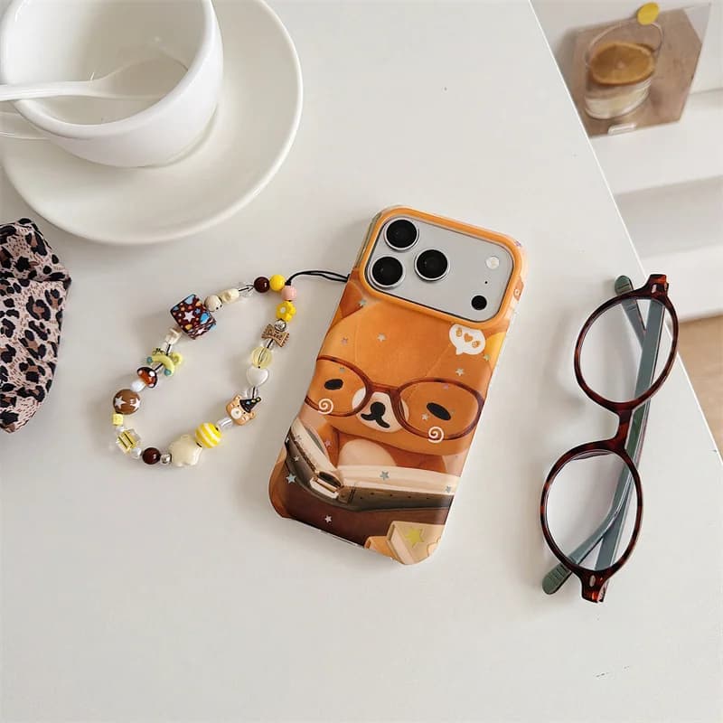 Kawaii Bookworm Print Phone Case For iPhone 15 16 17 Pro Max Orange Detachable Multicolor Bear Bead Hand Chain Girly Shell