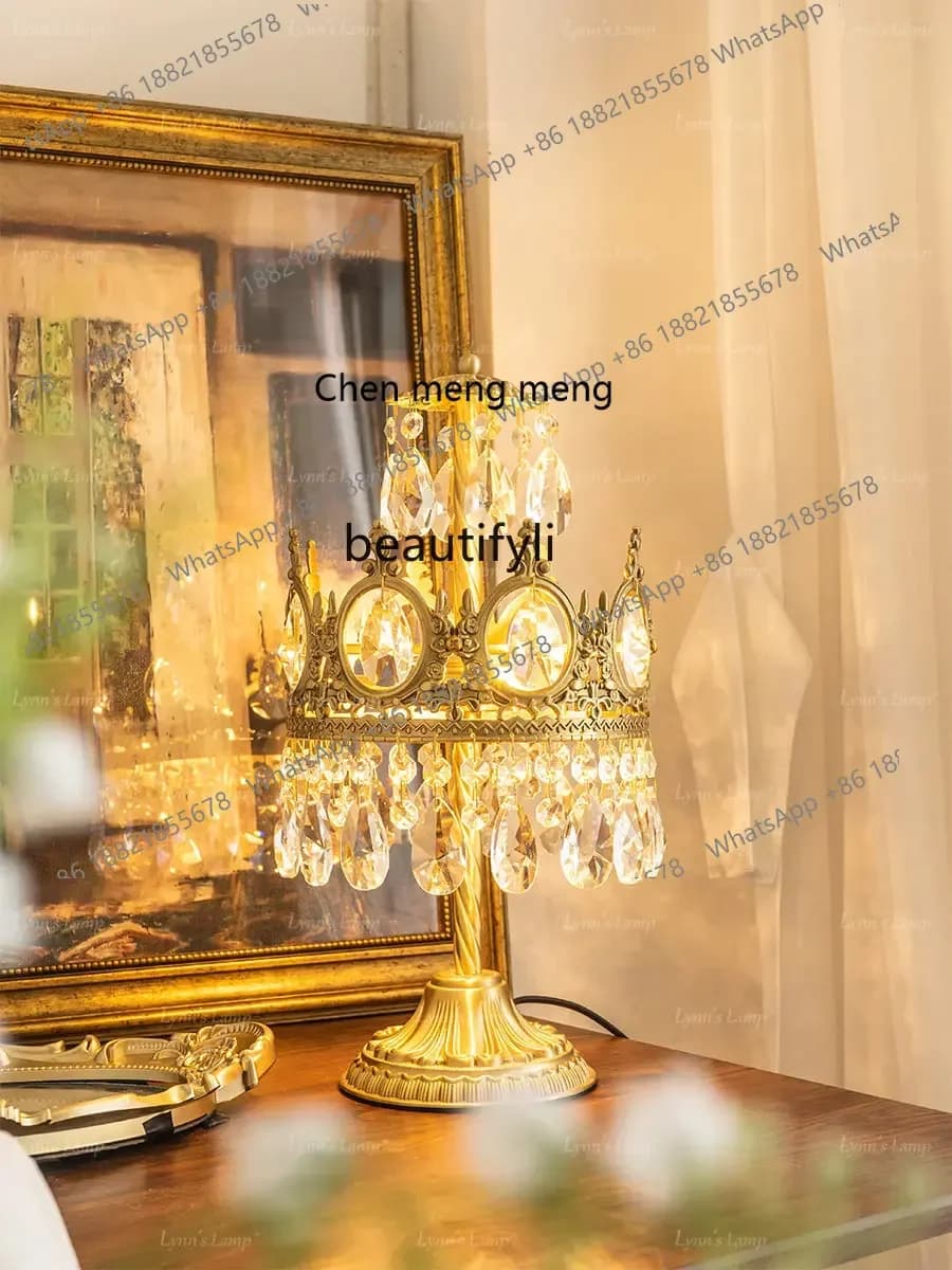 cn8350 LHY zq French Crown Brass Mid-Ancient European Table Lamp Retro Creative Crystal Bedroom Bedside Lamp
