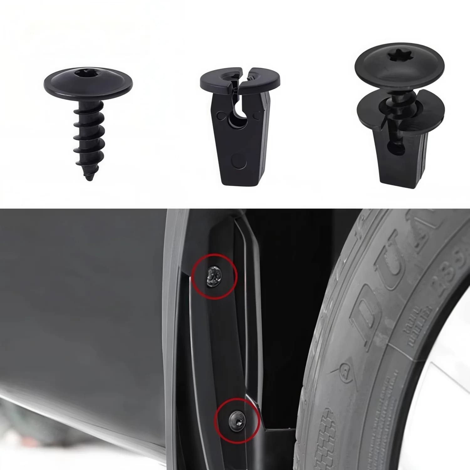 Car seats, hoods, base plate parts, mudguards, wheel arches, screws, fasteners, clips, bolts, nuts and buckle sets