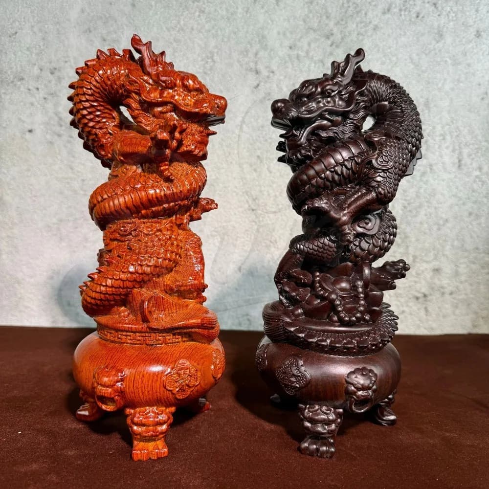 Ebony Wood Carving Chinese Zodiac Dragon Ornaments Treasure Bowl Disc Dragon Crafts Decorative Home Ornaments