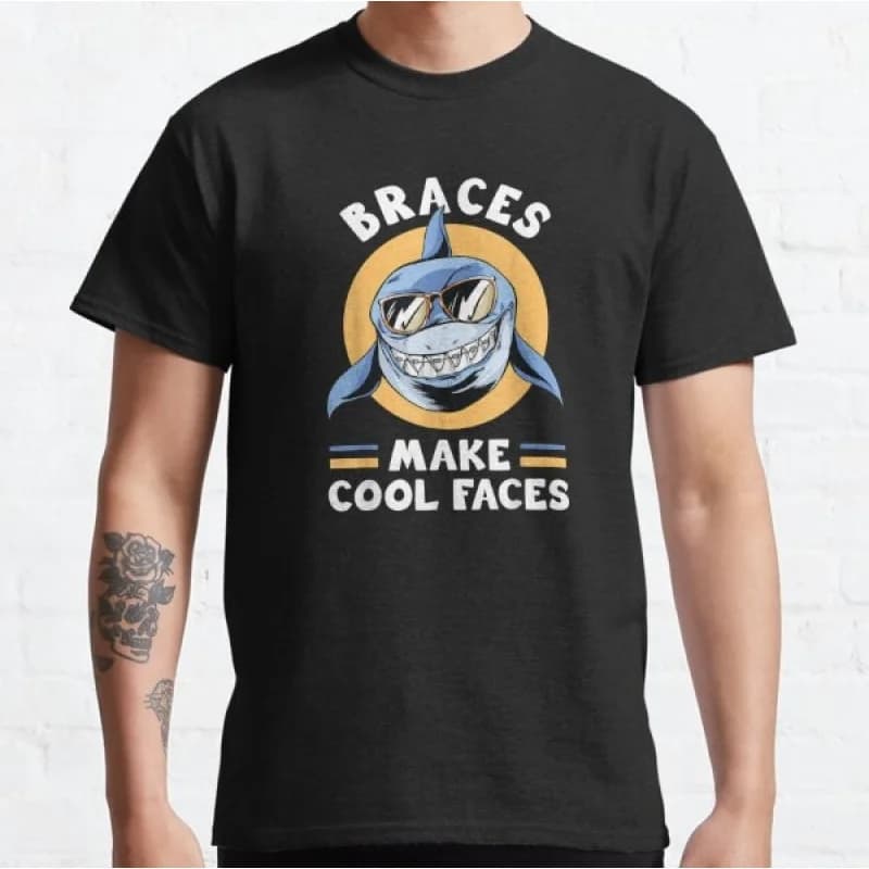 Braces Make Cool Faces Gift for Shark Lover Short Sleeve t shirt Vintage Graphic Tee 100% cotton printed clothes All size Tops