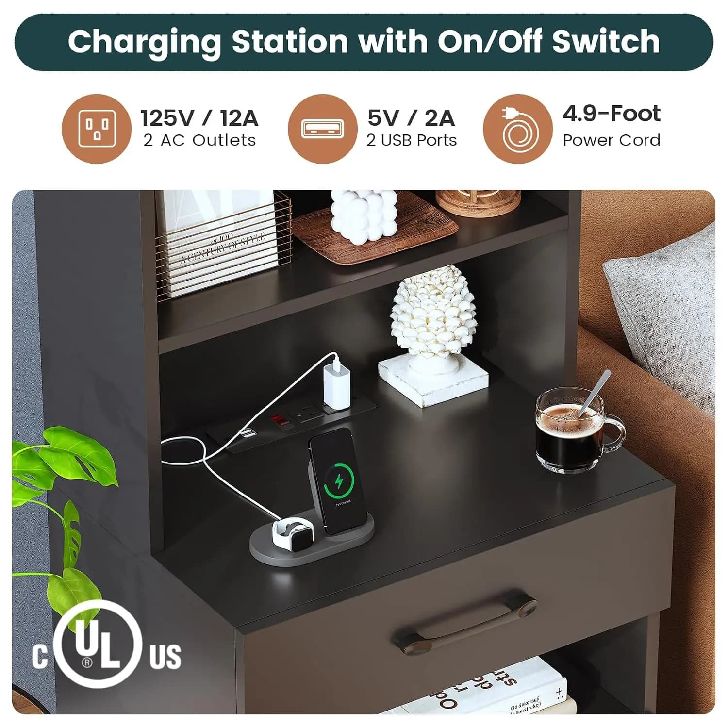Tall Nightstand with Charging Station and LED Lights, Night Stand with 3 Drawers and Storage Shelves, Bedside Table with Bookshe