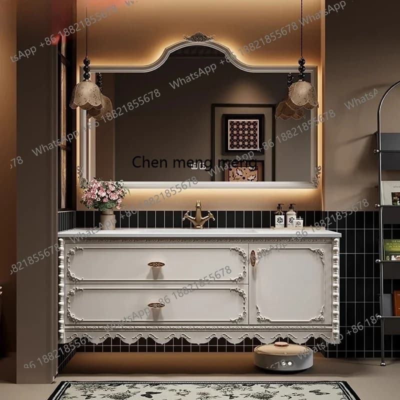 X  Retro high-end bathroom cabinet combination oak smart wash basin cabinet bathroom slate seamless basin washstand