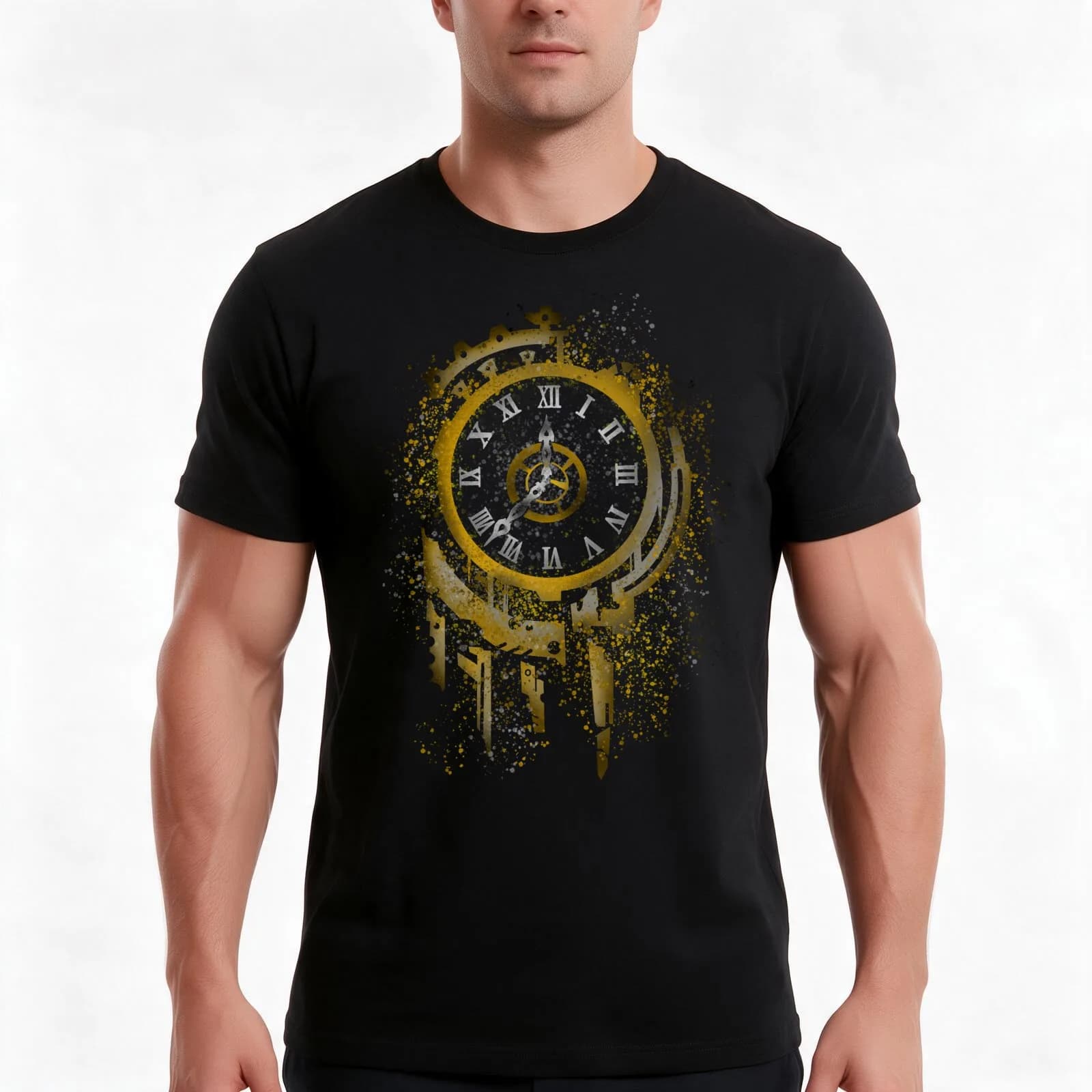 Clockwork Spray Paint Design T-Shirt, Summer Casual Cotton Tee, Oversized Streetwear Tops, Vintage Graphic Print, 100% Cotton