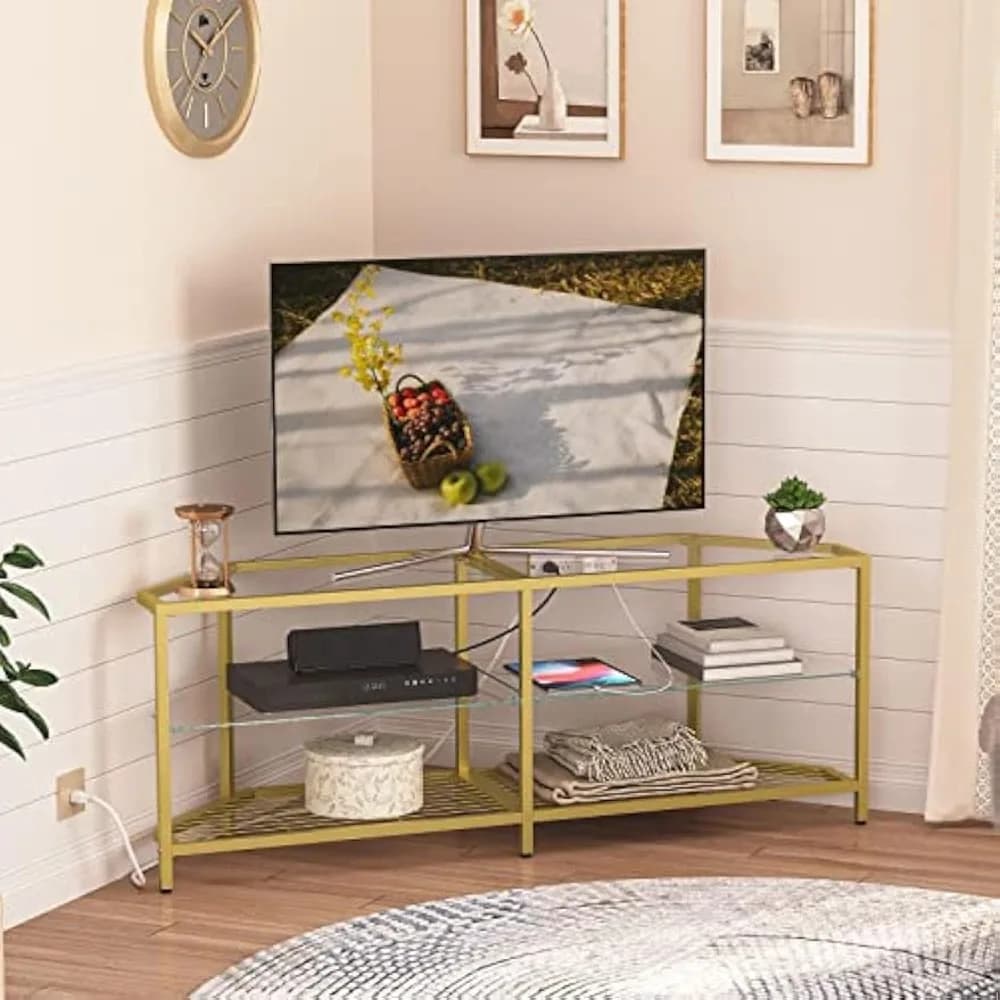 Modern Corner TV Stand with Power Outlet, 55 Tempered Glass Console Table for TVs up to 60 with Open Shelves
