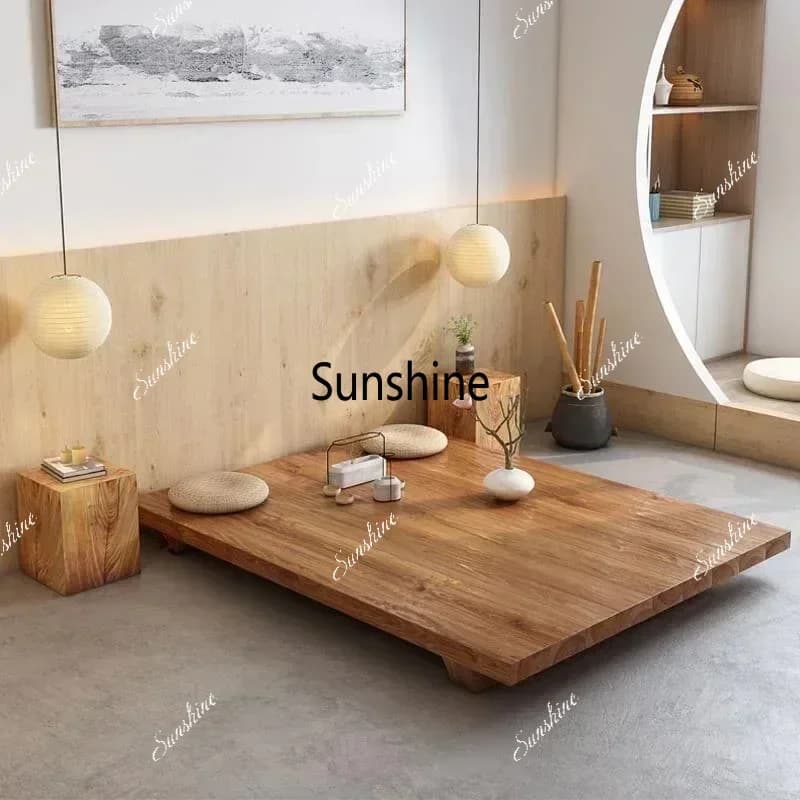 Natural solid wood tatami log style simple bed hotel modern floor-standing customized platform