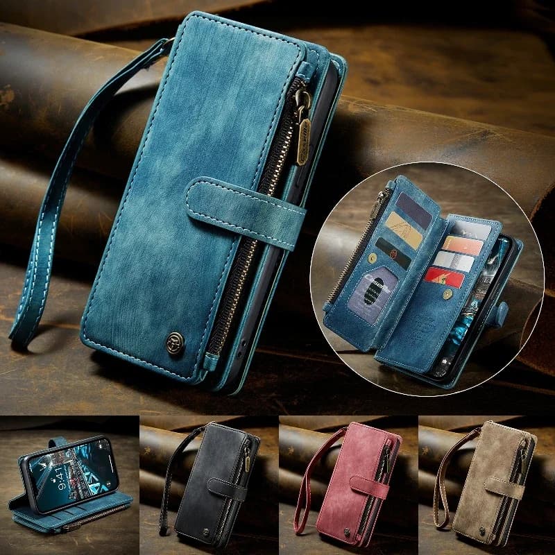 Multi Functional Wallet Case Flip Cover for iPhone 17 Air 16 15 14 13 12 11 Pro Max 6 7 8 Plus XR Xs Max SE with Wrist Strap