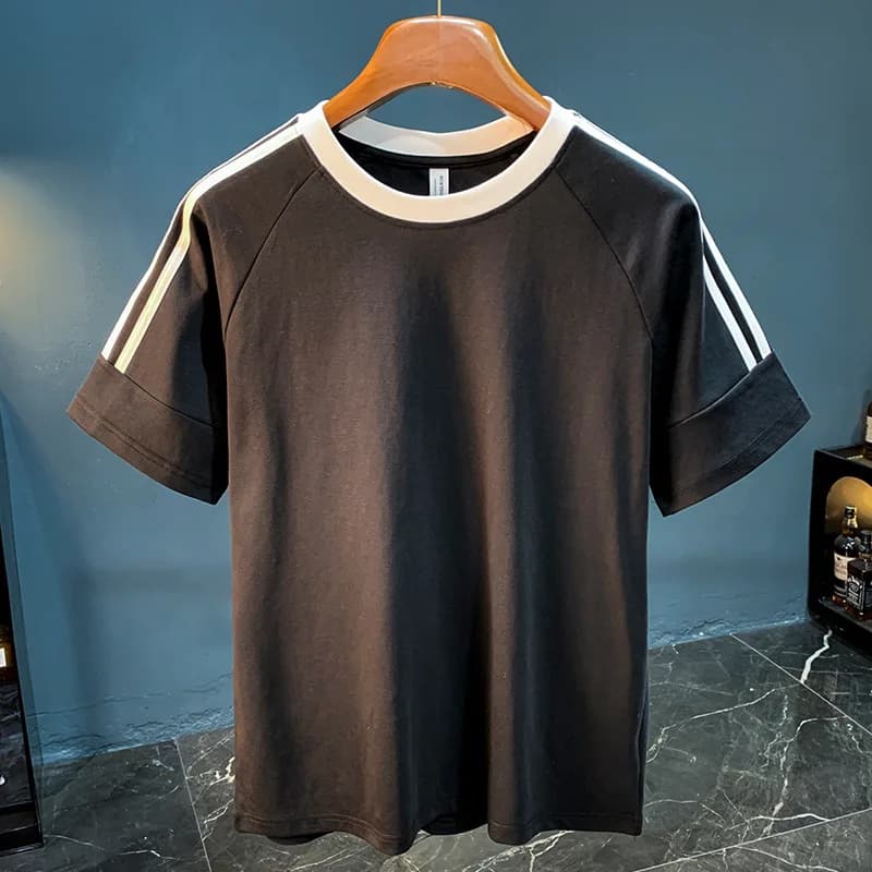 Summer thin short sleeved T-shirt men's striped contrasting splicing sleeve round neck loose fashionable top