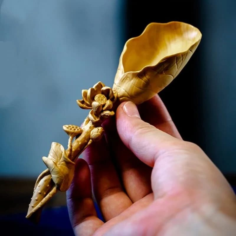 Boxwood Carving Handcarved Lotus Tea Spoon Tea Ceremony Accessories Handicrafts