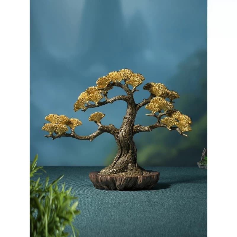 Living room tabletop pine tree with bronze ornaments, opening house warming crafts