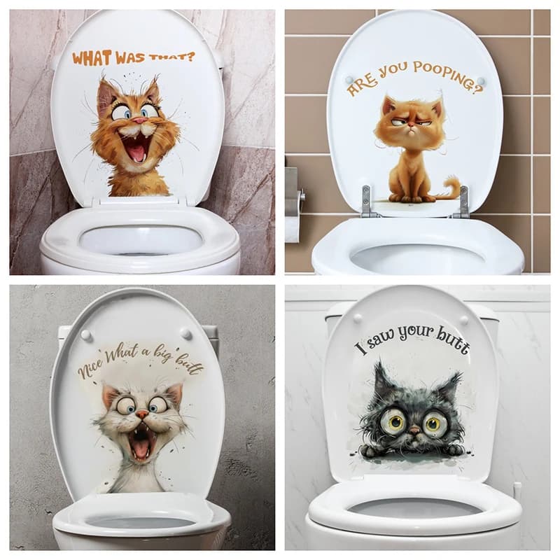 What Wa That? Cartoon Cat Toilet Sticker Bathroom Toilet Cover Sticker Wall Sticker WC Home BathRoom Decoration Decals S365