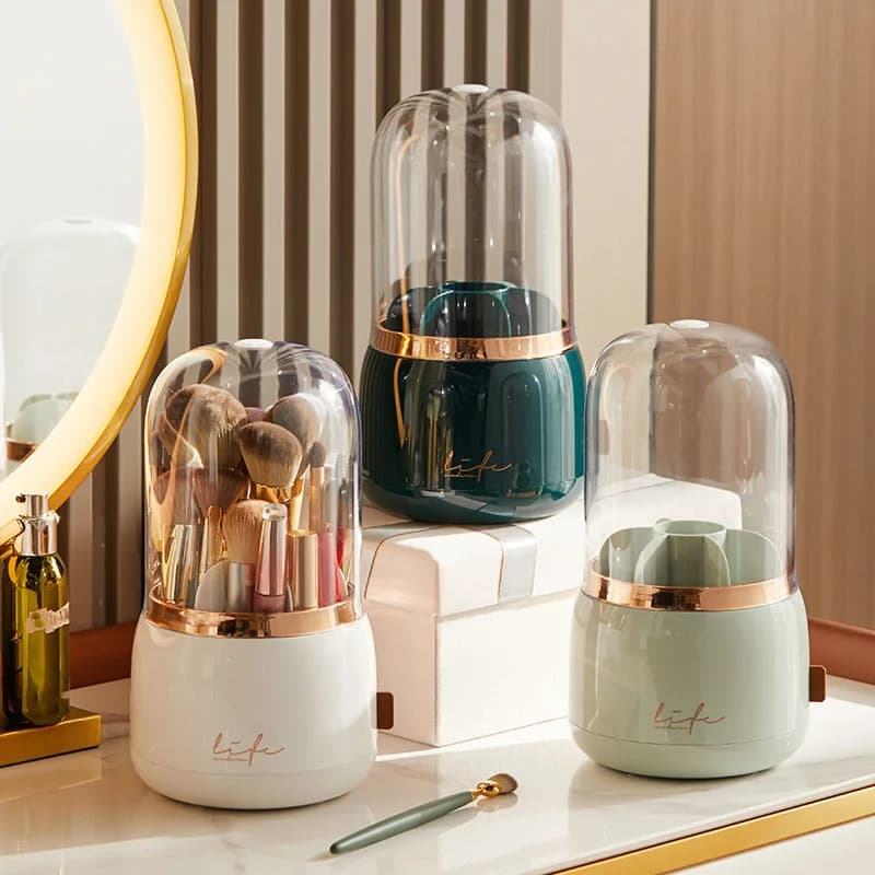 Makeup brush holder storage box with lid 360 degree rotating dustproof makeup brush storage box suitable for dressing table ligh