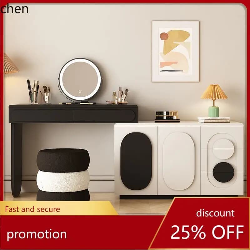 HT Cream Style Dressing Table with Lacquer Finish, Integrated Chest of Drawers, Bedroom Makeup Table, Storage Chest of Drawers