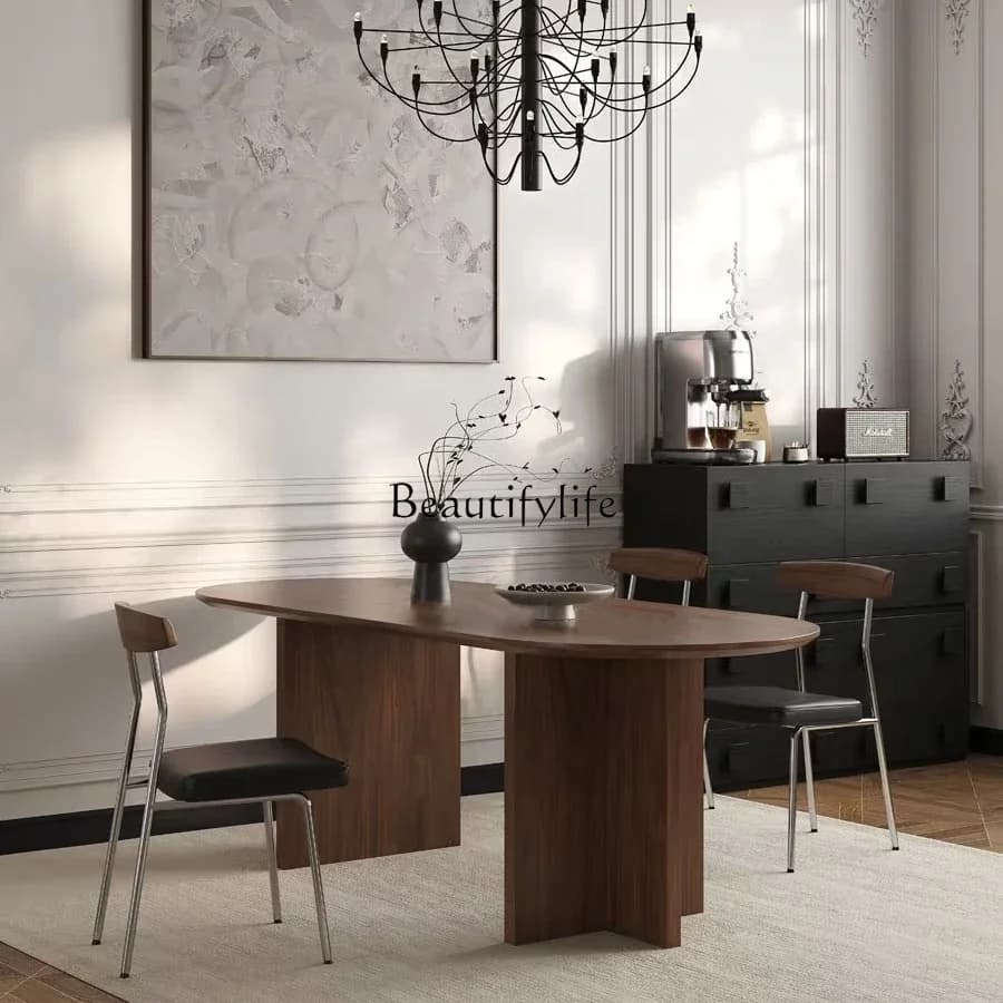 LJY**Medieval retro solid wood dining table Nordic designer creative walnut color home oval long table workbench