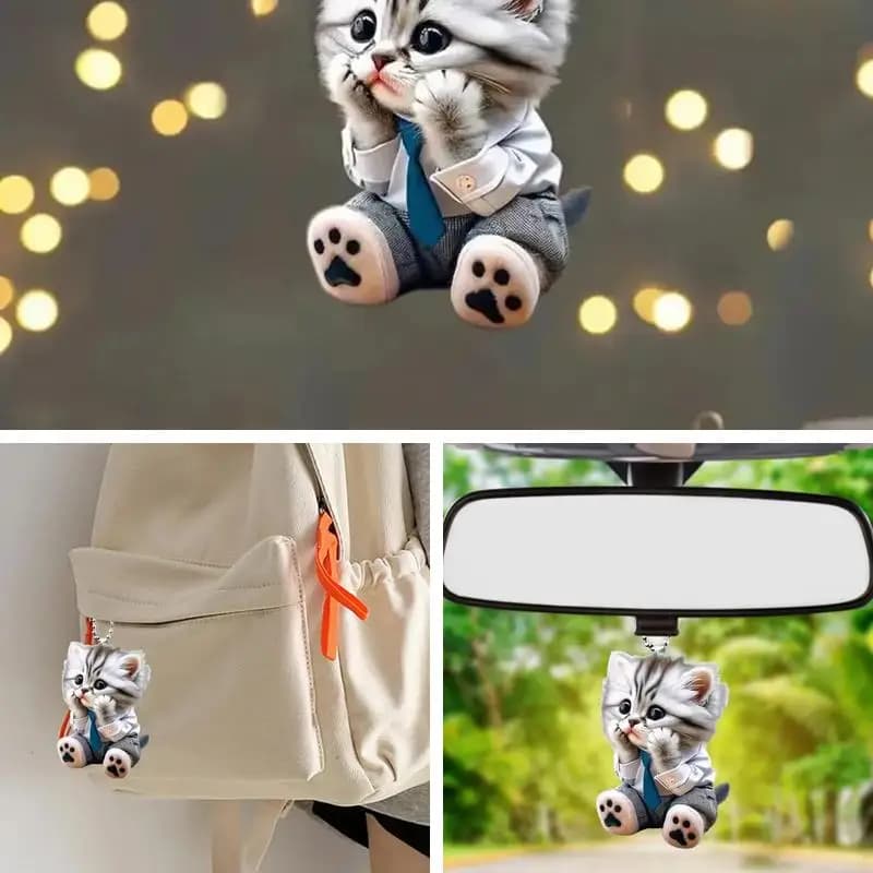 Realistic Cat Shape Car Hanging Ornament with Chain, Rearview Mirror Pendant, Cute Decor for Automobile Interior, Universal Auto