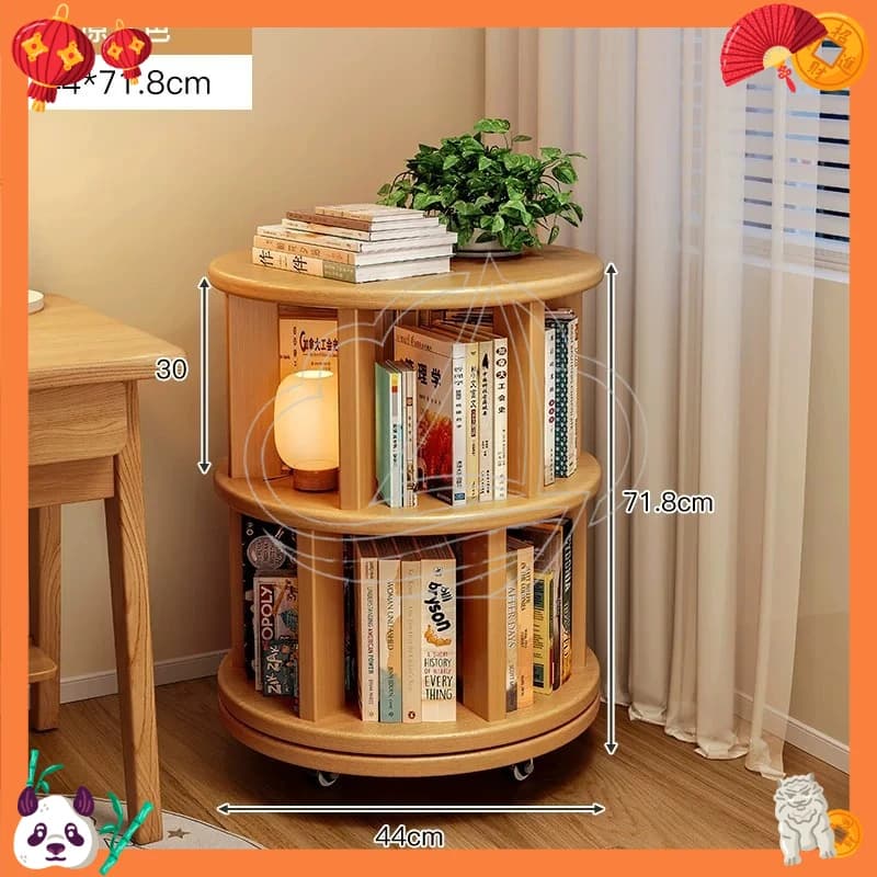 Solid Wood 360° Rotating Bookshelf, Floor-to-Ceiling Mobile Narrow Corner Bookcase
