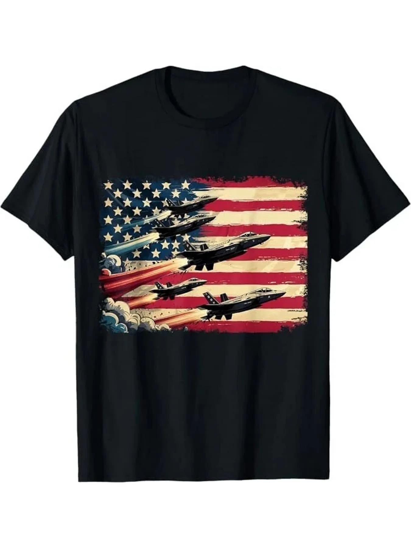 Vintage American Flag Fighter Jets 4th of July Patriotic T-Shirt 100% Cotton O-Neck Short Sleeve Summer Casual Mens T-shirt