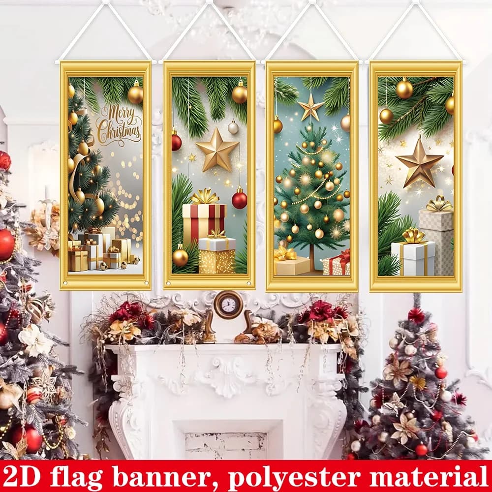 2D Flat, 4pcs Christmas Banners with Pole, Xmas Decoration Couplets, 40x100cm Polyester Banners, Merry Christmas Theme Banners