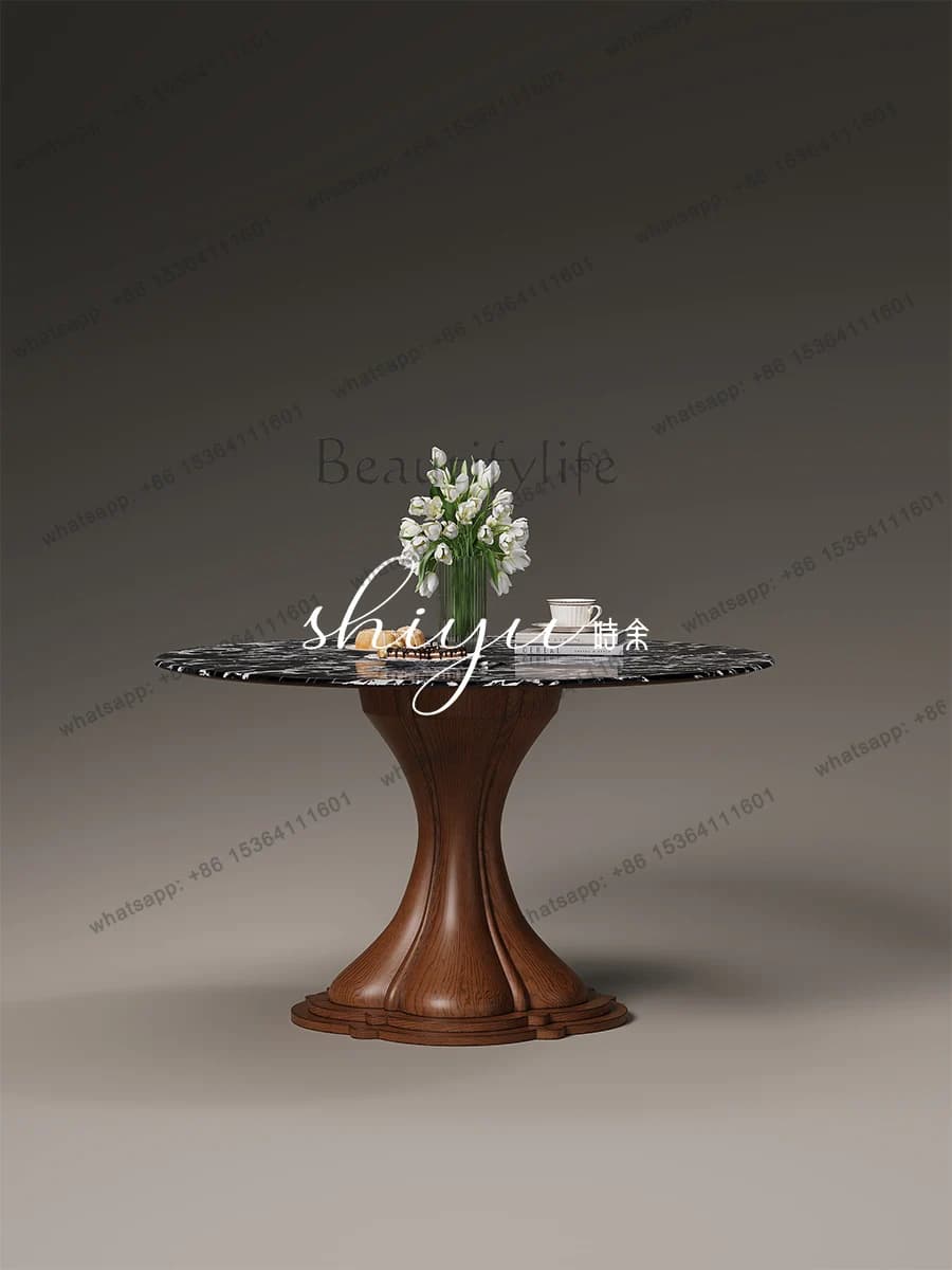 Dining table marble home retro solid wood high-end small apartment round table