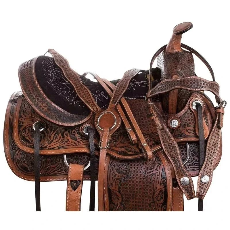 Horse Western leather saddle with full tacks, lace-up tooling and carved leather