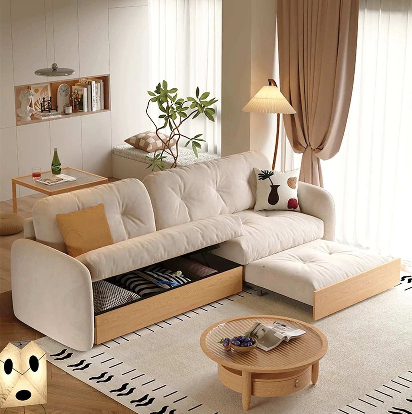 PYH wooden house storage cloud sofa small apartment living room log wind fabric solid wood sofa bed