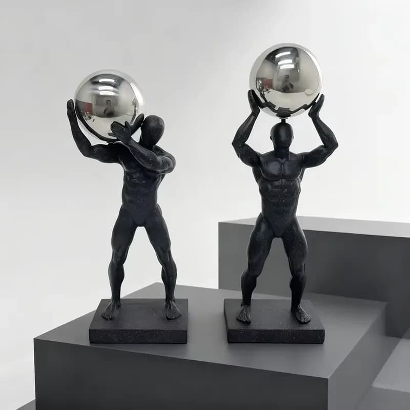 Modern Abstract Atlas Strong Man Resin Figurine Holding Silver Ball Sculpture Nordic Style Desktop Home Office Decor Ornament