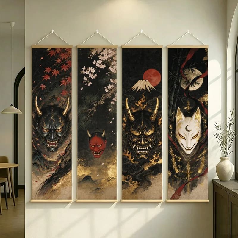 Japanese Wall Art Folklore Masks Blossoms and Red Moon on Silver Shimmer Canvas for a Moody Entryway Interior Wall Decor