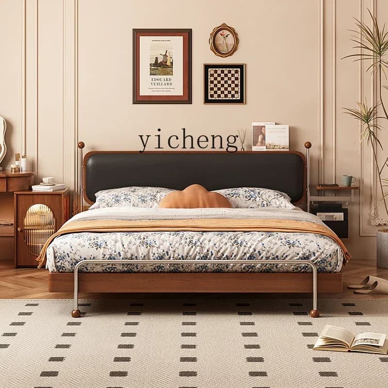 HYS medieval solid wood soft bag bed bedroom 1.5m French retro simple master bedroom 1.8m leather art double bed