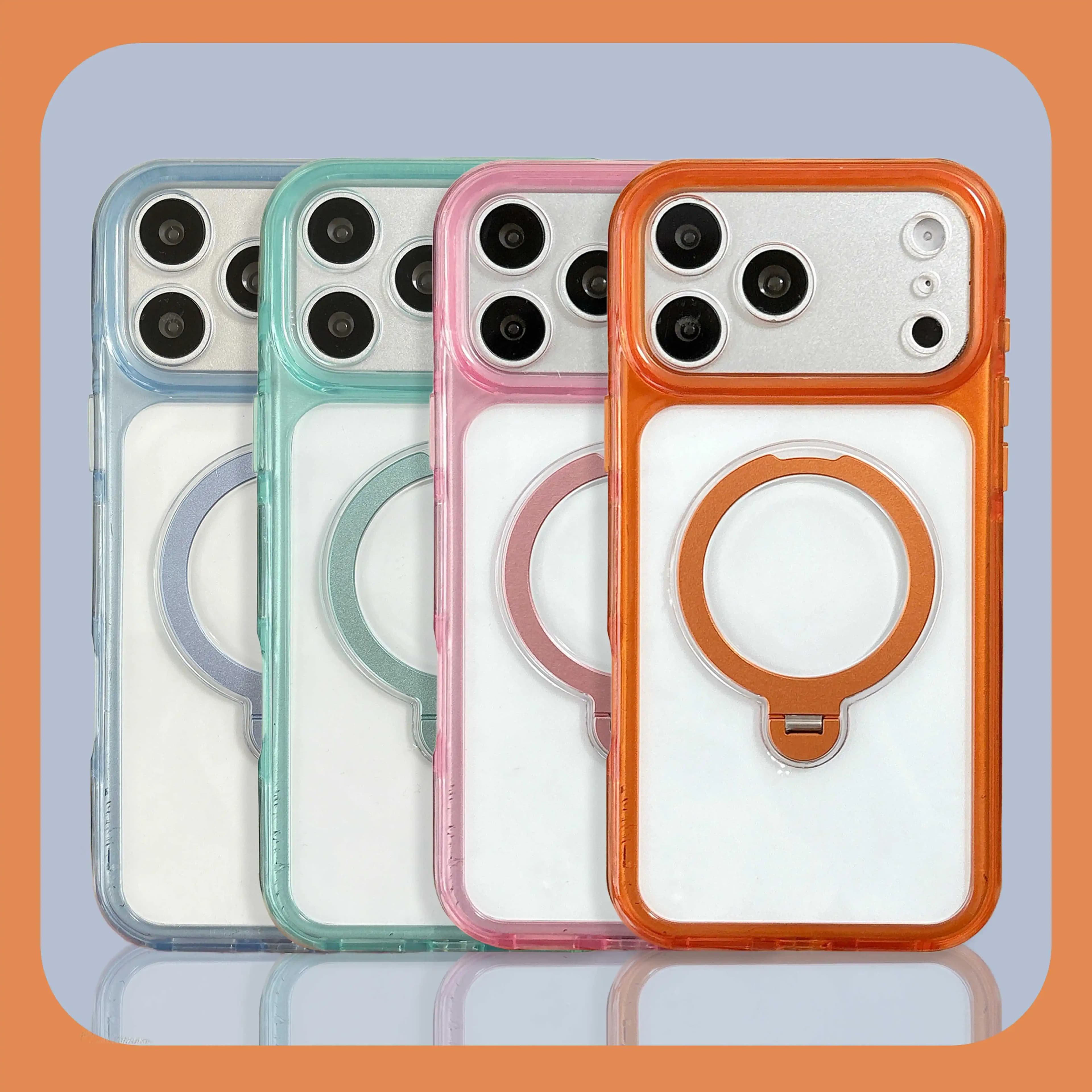 Simple Candy Color Transparent Border With Magnetic Phone Case For iPhone 17 16 15 Pro Max Hidden Rotatable Ring Holder Cover