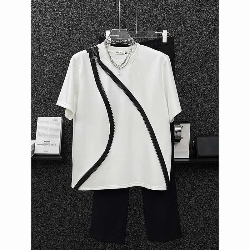 New Niche Zipper Decor T Shirts Men Summer Crew Neck Loose Short Sleeve Tops High End Street Fashion Casual All Match White Tees
