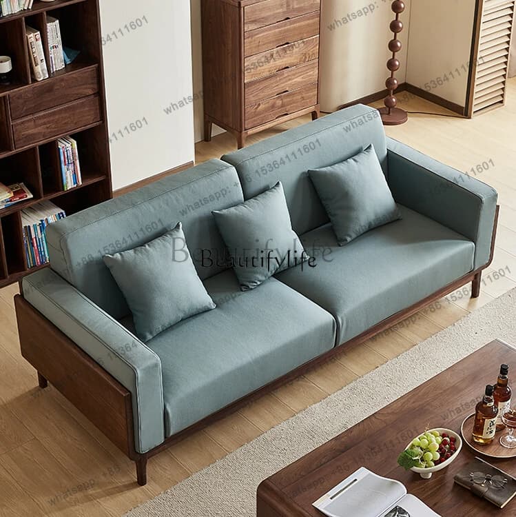 56North American Black Walnut Wooden Sofa Nordic Modern Minimalist Leather Sofa Combination Home Living Room