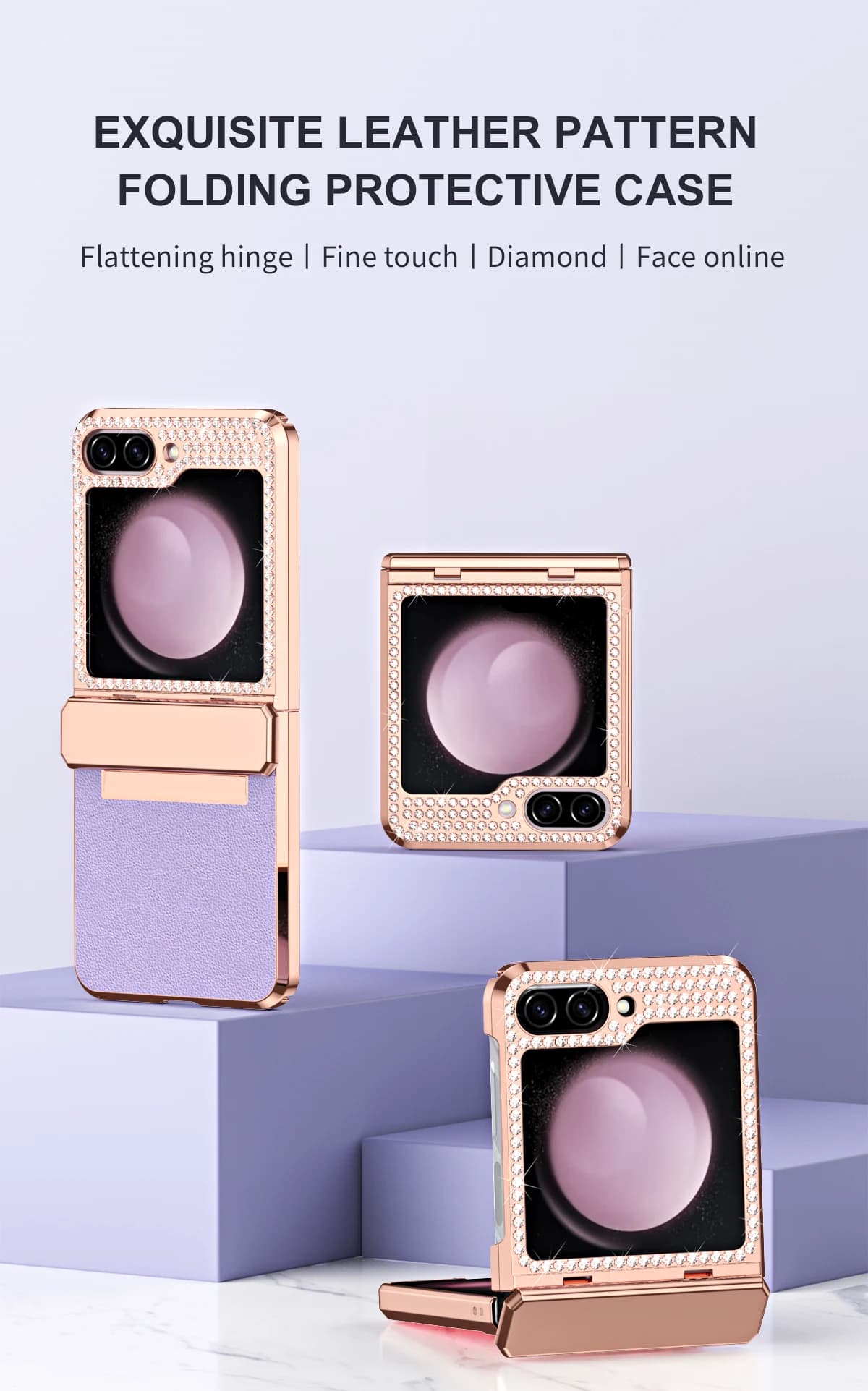 Luxury Leather Texture Bling Rhinestone Electroplated Anti-Fingerprint Hinge Protection Case For Samsung Z Flip 7 FE 6 5 4 3
