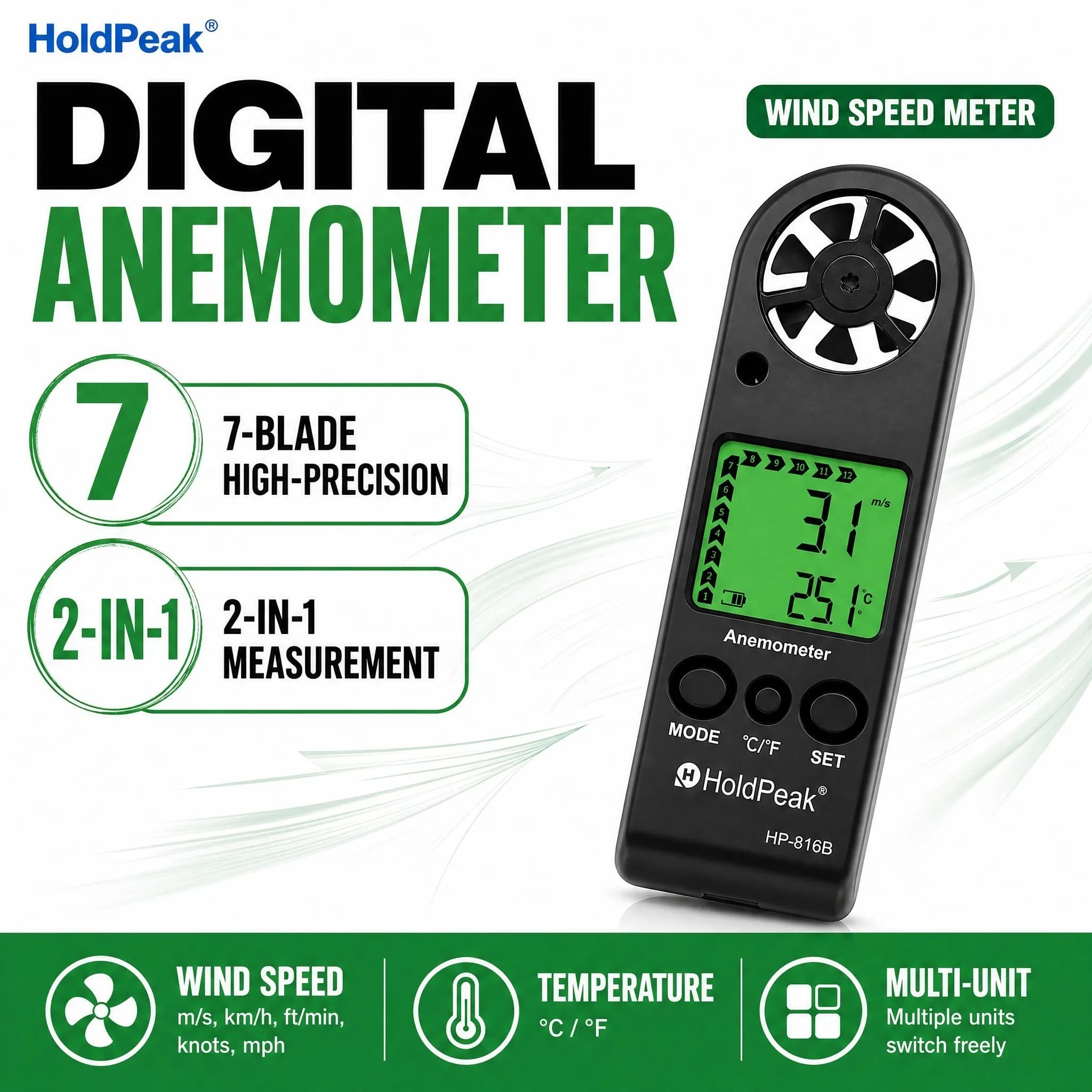 Handheld Anemometer 0-30m/s ±5% Digital Wind Speed Meter CFM Backlight Temp Wind Chill Max/Avg/Min for HVAC Drone Flying Outdoor