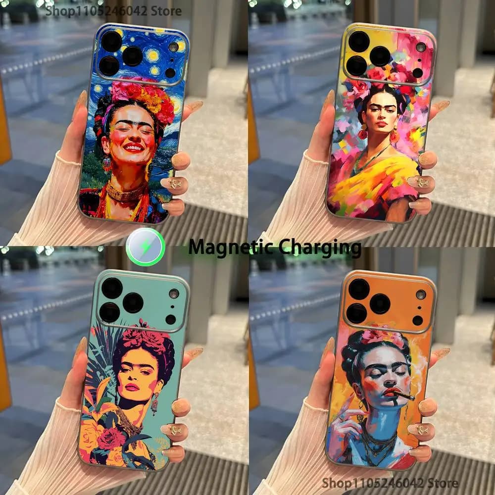 Fashion F-FridaS-S K-Kahlo Magnetic Wireless Charging Transparent gray Phone Case For iPhone 17,16,15,14,13,12,11,Pro,Max,Plus